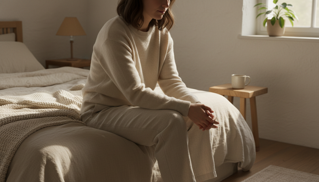 A person practicing A 10-Minute Meditation seated on a bed, embodying tranquility and self-reflection.