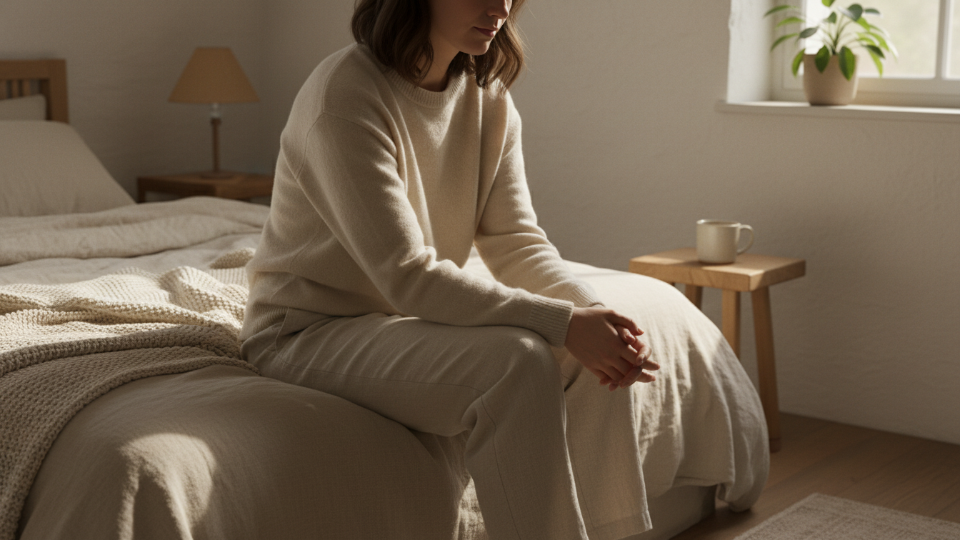 A person practicing A 10-Minute Meditation seated on a bed, embodying tranquility and self-reflection.