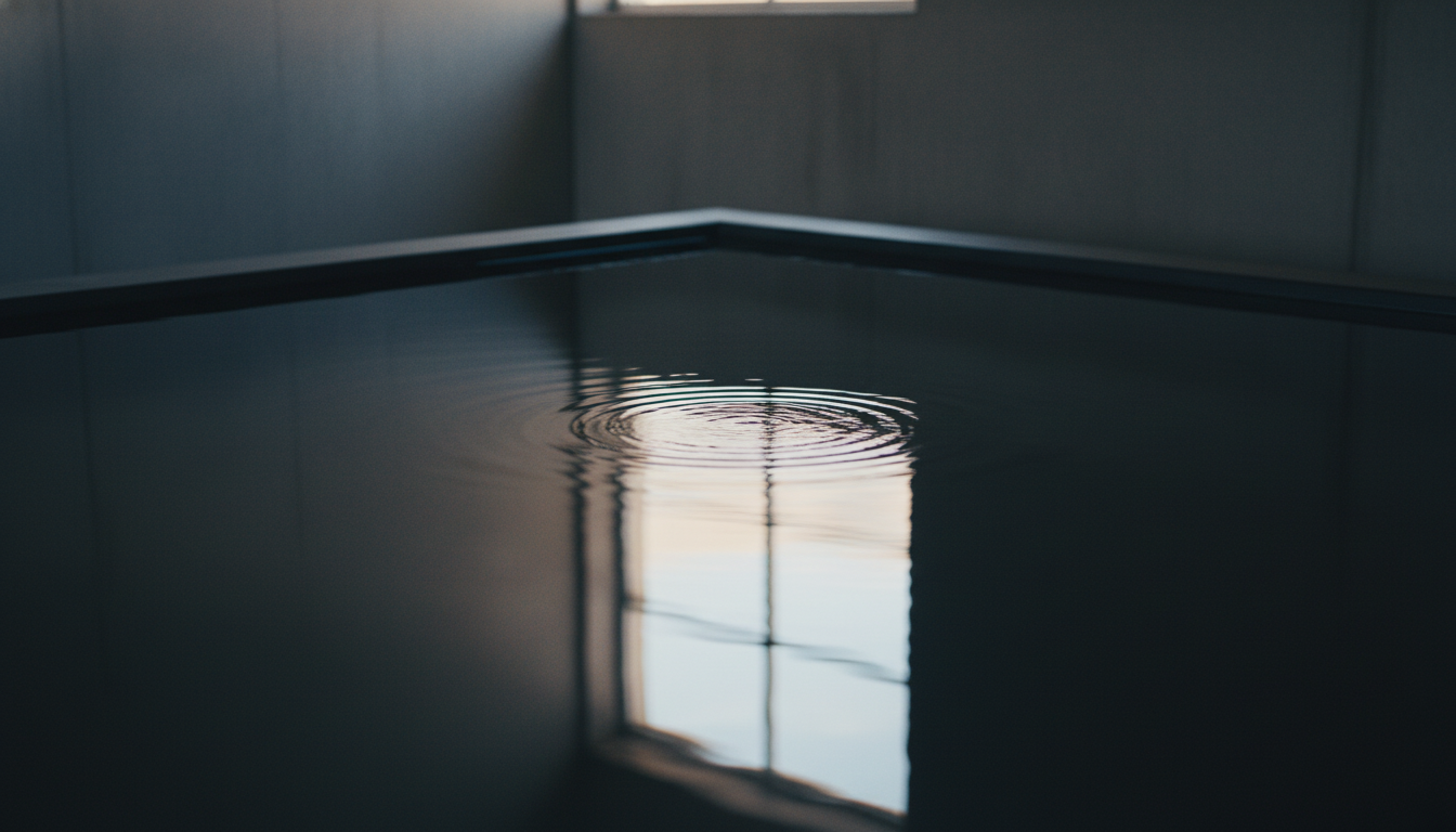 The Mirror Within: Calm water surface reflecting ripples, symbolizing meditation and consciousness.