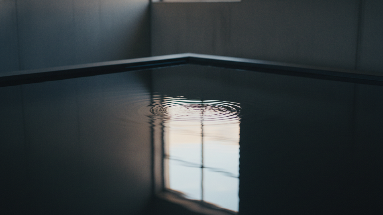 The Mirror Within: Calm water surface reflecting ripples, symbolizing meditation and consciousness.