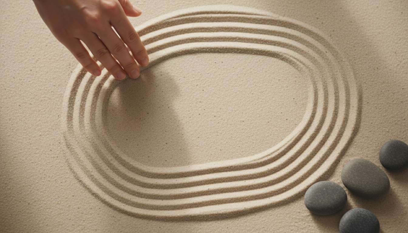 The Meaning of Small Rituals: Hand creating patterns in sand with stones, symbolizing tranquility and peace.