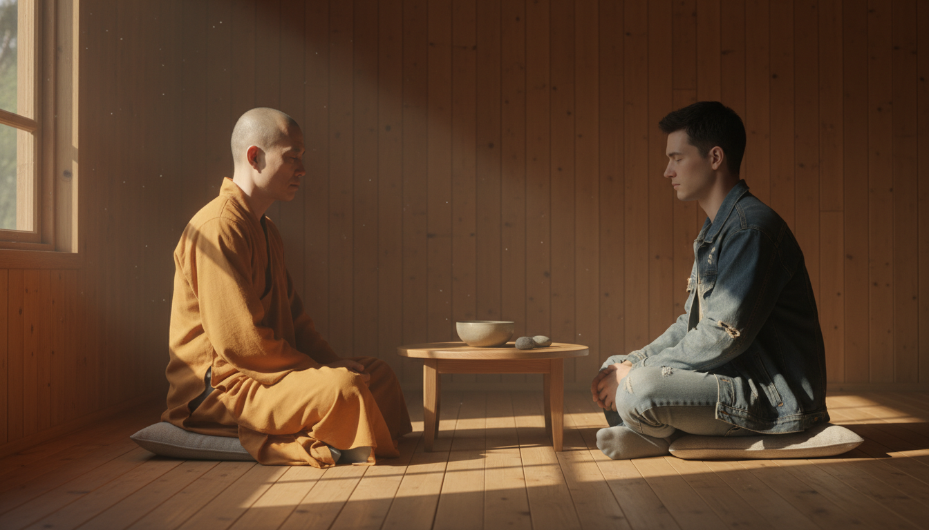 The Zen of Steve Jobs: A monk and a young man meditate together in a serene wooden room, sharing wisdom.