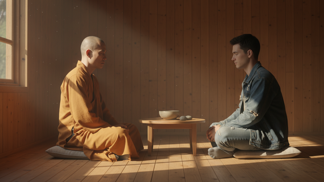 The Zen of Steve Jobs: A monk and a young man meditate together in a serene wooden room, sharing wisdom.