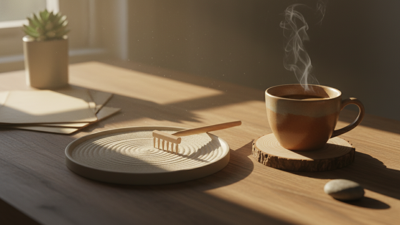 A serene workspace featuring a steaming mug beside a minimalist plate, showcasing the quiet habit that changed my workdays.