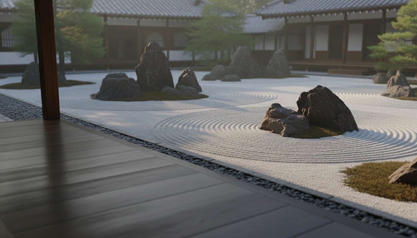 Zen Gardens featuring rocks and carefully raked gravel, illustrating tranquility and harmony in design.