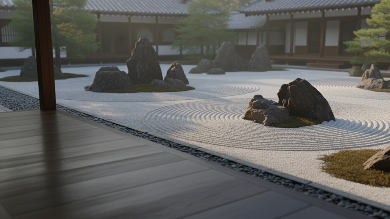 Zen Gardens featuring rocks and carefully raked gravel, illustrating tranquility and harmony in design.