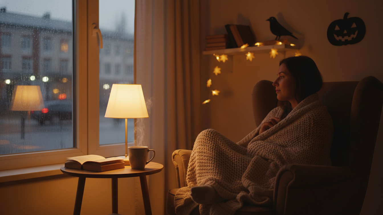 Finding Calm in the Chaos – a cozy evening scene with a woman wrapped in a blanket by a window.