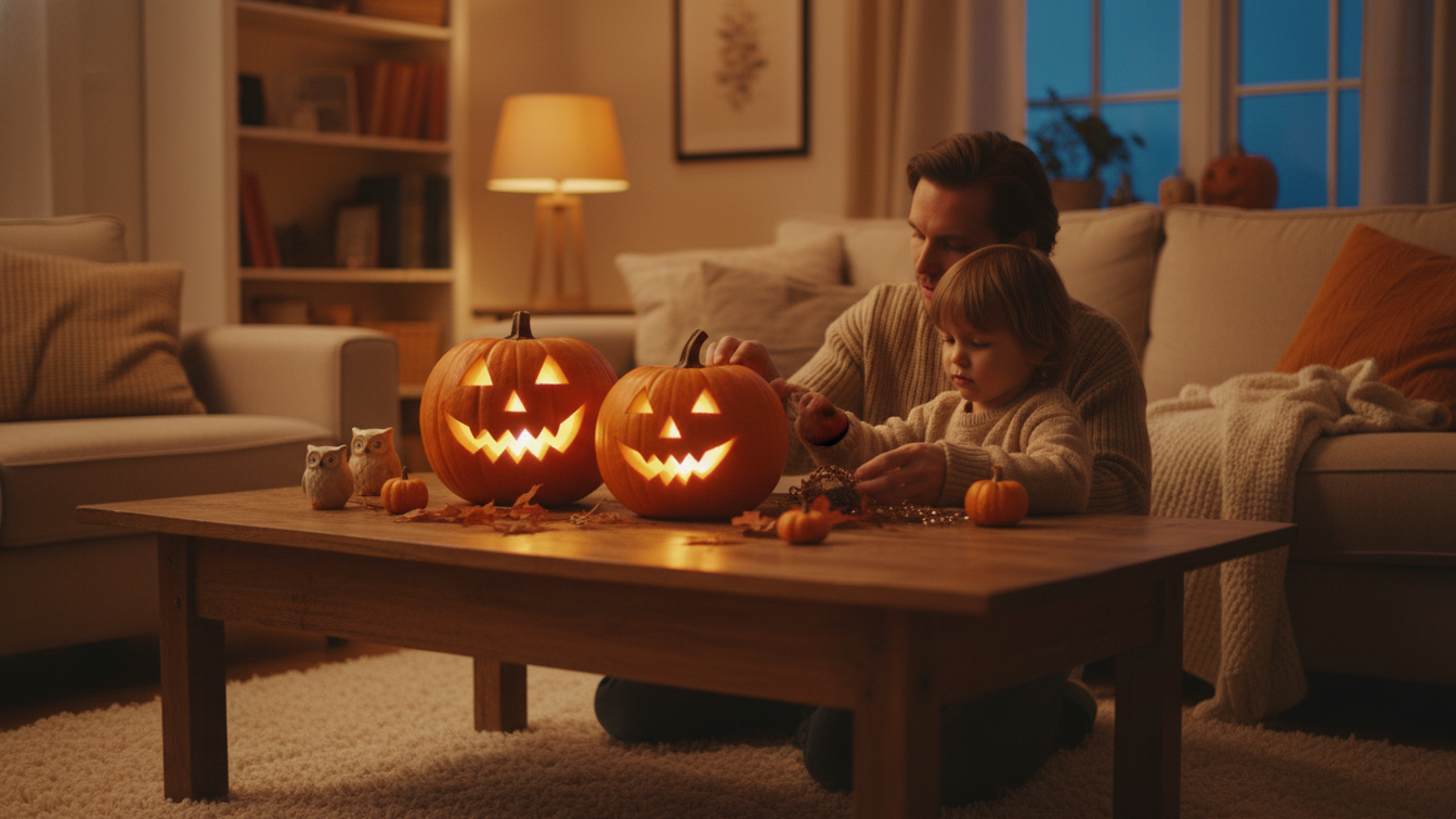 A father and child enjoying Halloween together, creating joyful memories in their cozy living room, finding peace in Halloween.
