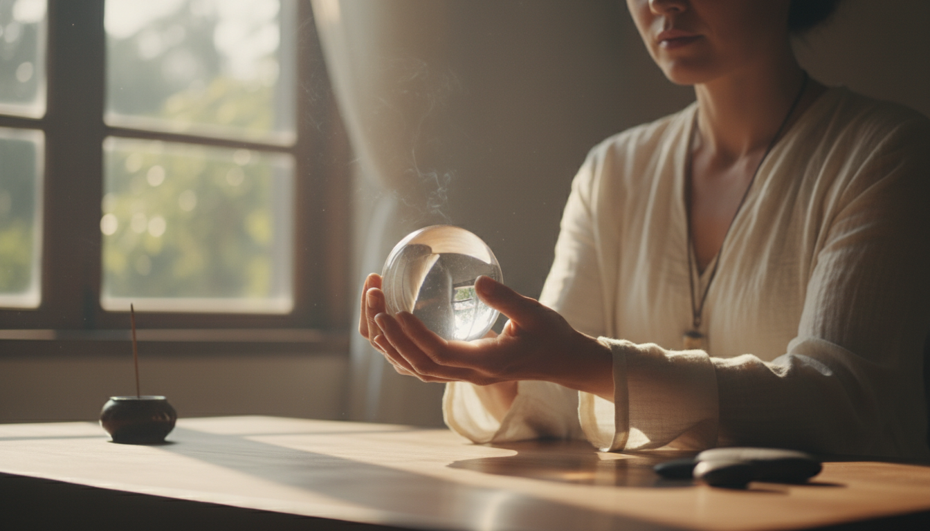 A person holding a crystal ball while meditating, illustrating the theme 'Why I Reach for My Crystal Ball Every Time I Meditate'.