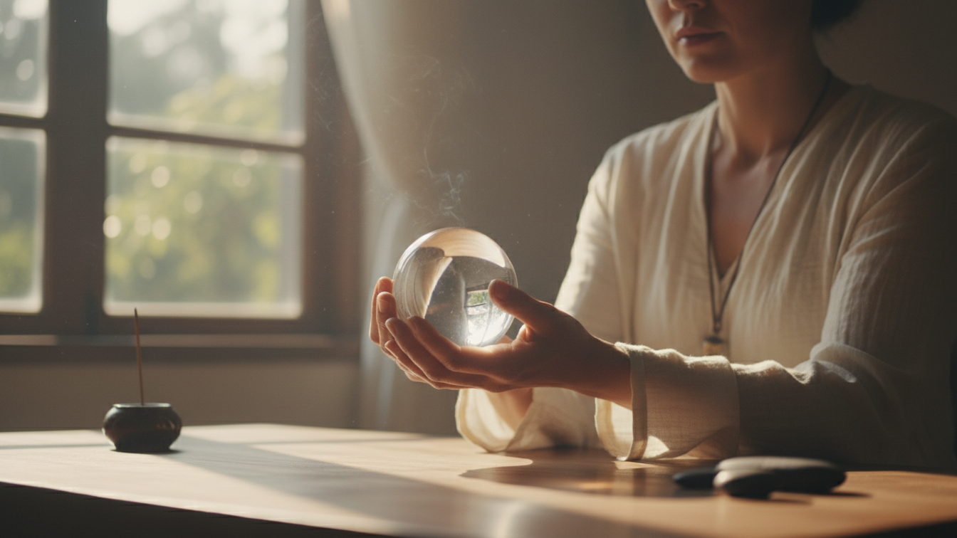 A person holding a crystal ball while meditating, illustrating the theme 'Why I Reach for My Crystal Ball Every Time I Meditate'.