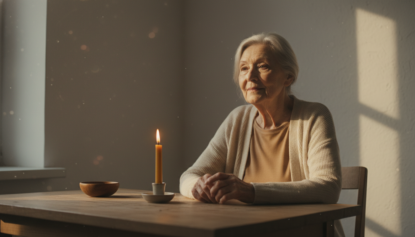 Discover Buddha’s Quiet Flame: An elderly woman meditating peacefully by a candlelit table.
