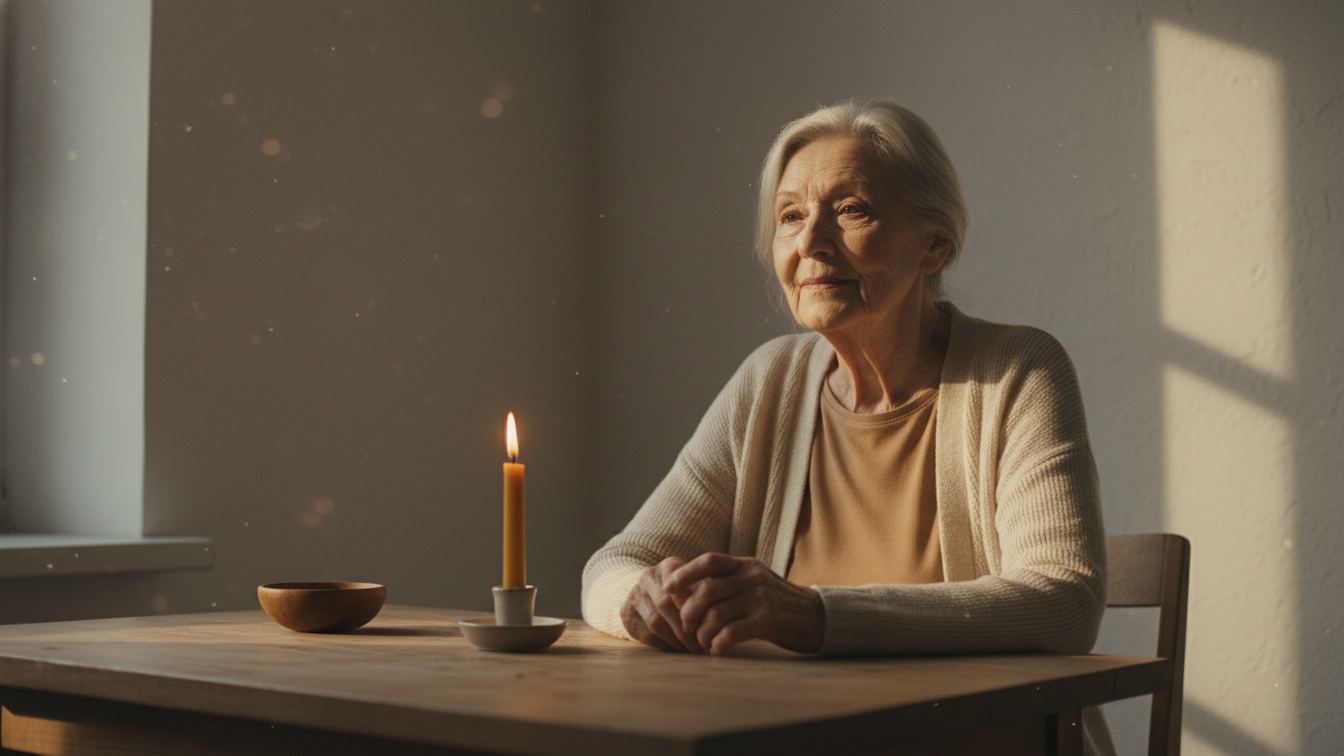 Discover Buddha’s Quiet Flame: An elderly woman meditating peacefully by a candlelit table.