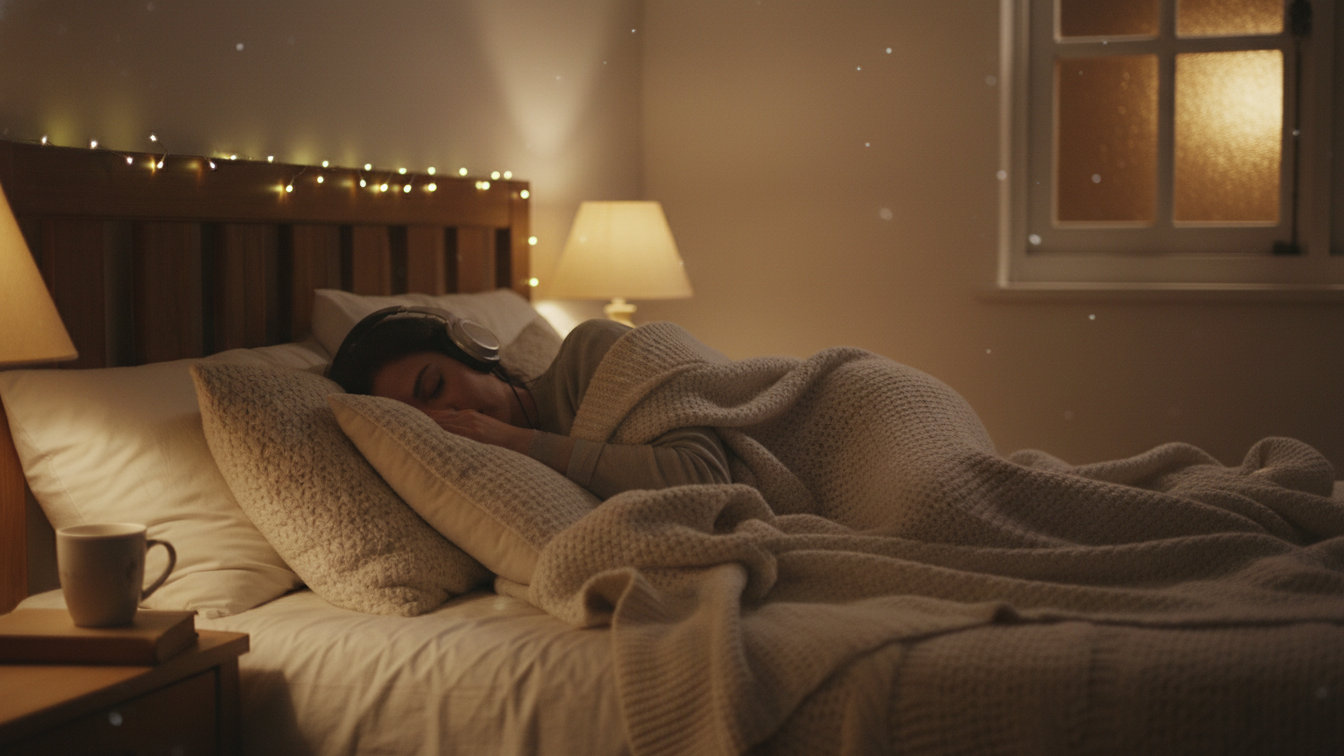 A peaceful scene of a woman sleeping with headphones, enhanced by Meditation Music For Sleep.