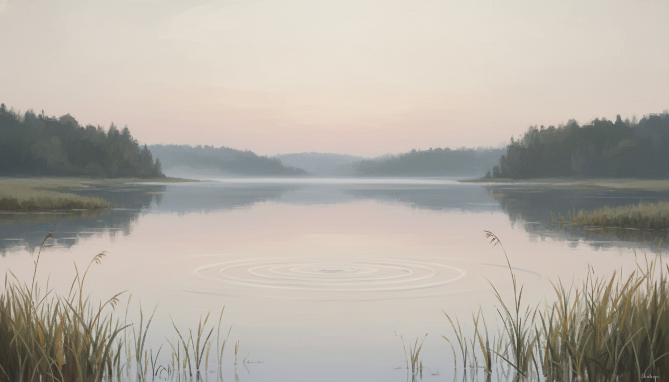 A serene lake landscape at dawn, reflecting the stillness and tranquility related to The Stillness Between Breaths.
