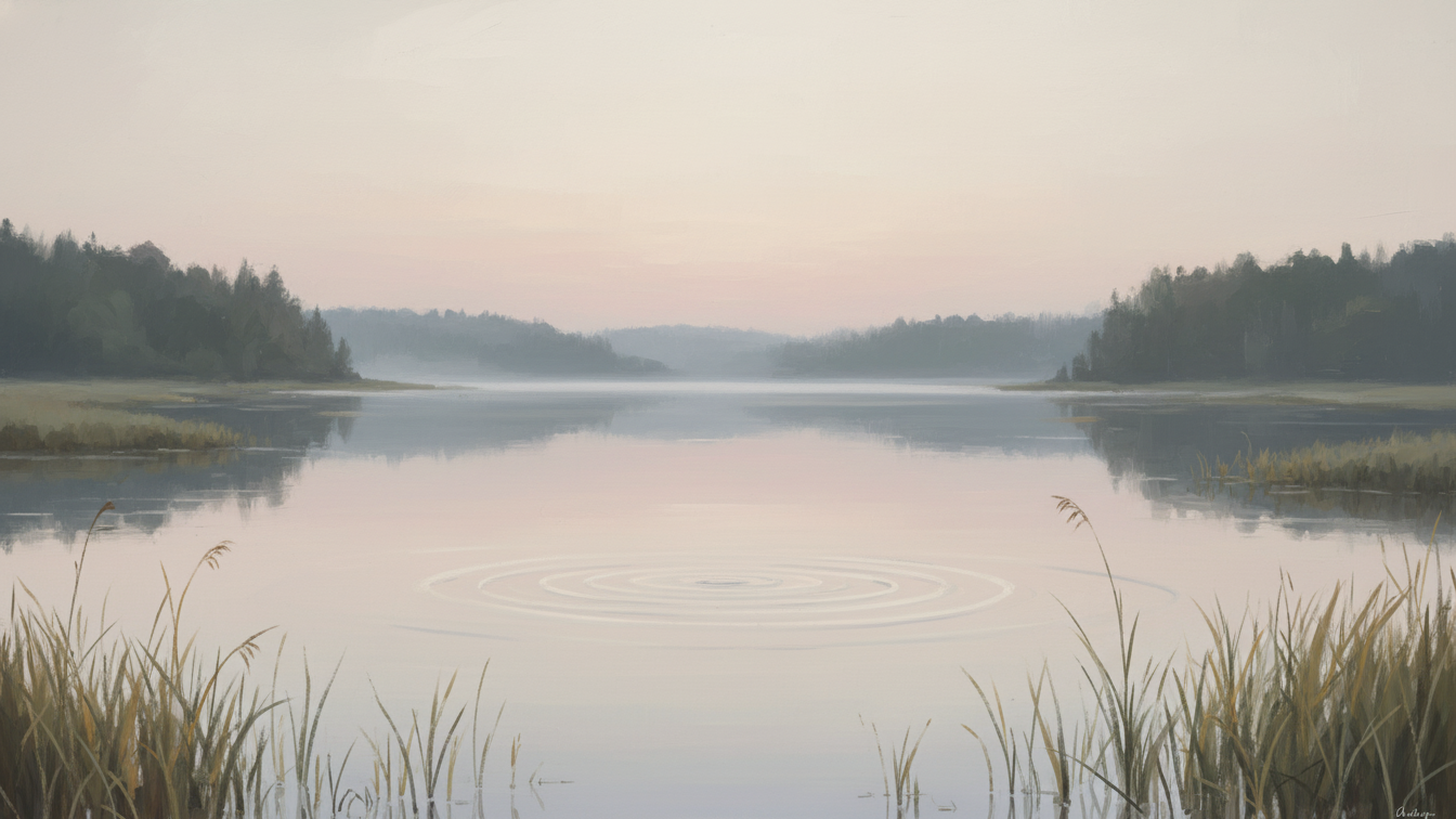 A serene lake landscape at dawn, reflecting the stillness and tranquility related to The Stillness Between Breaths.