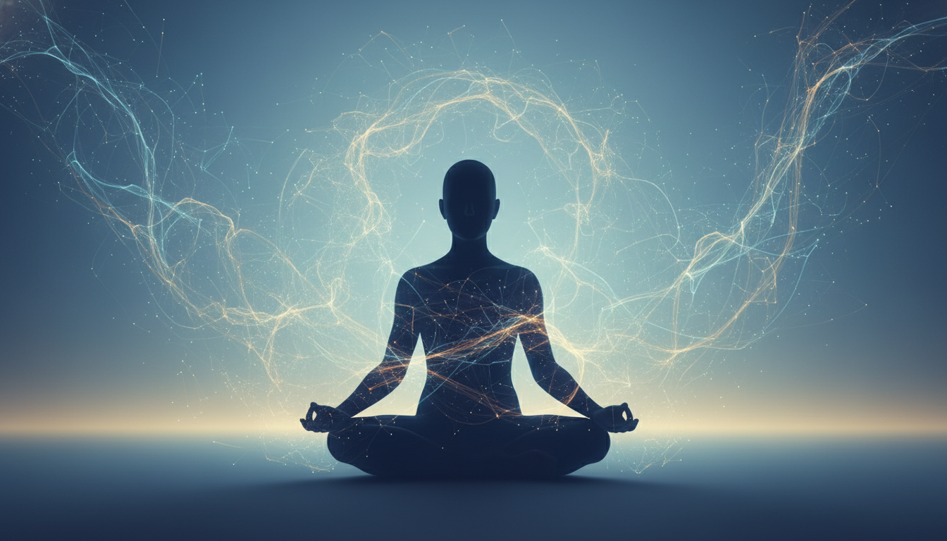 Silhouette of a meditating figure surrounded by vibrant energy, illustrating concepts from Unveiling the Neuroscience.