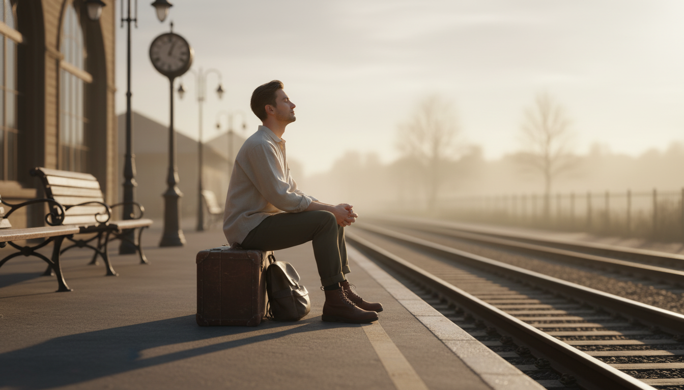 A traveler practicing mindfulness while waiting at a train station, embodying Zen on the Road for a peaceful journey.