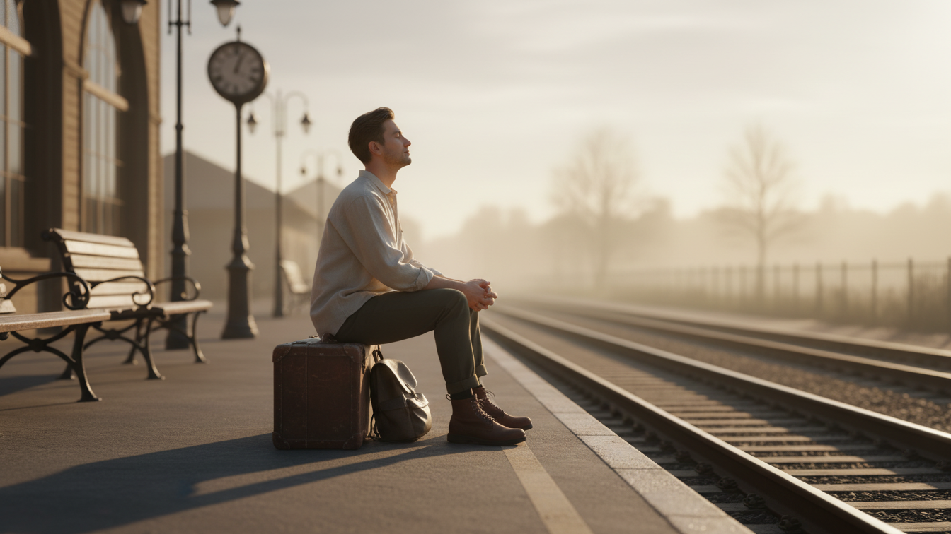 A traveler practicing mindfulness while waiting at a train station, embodying Zen on the Road for a peaceful journey.