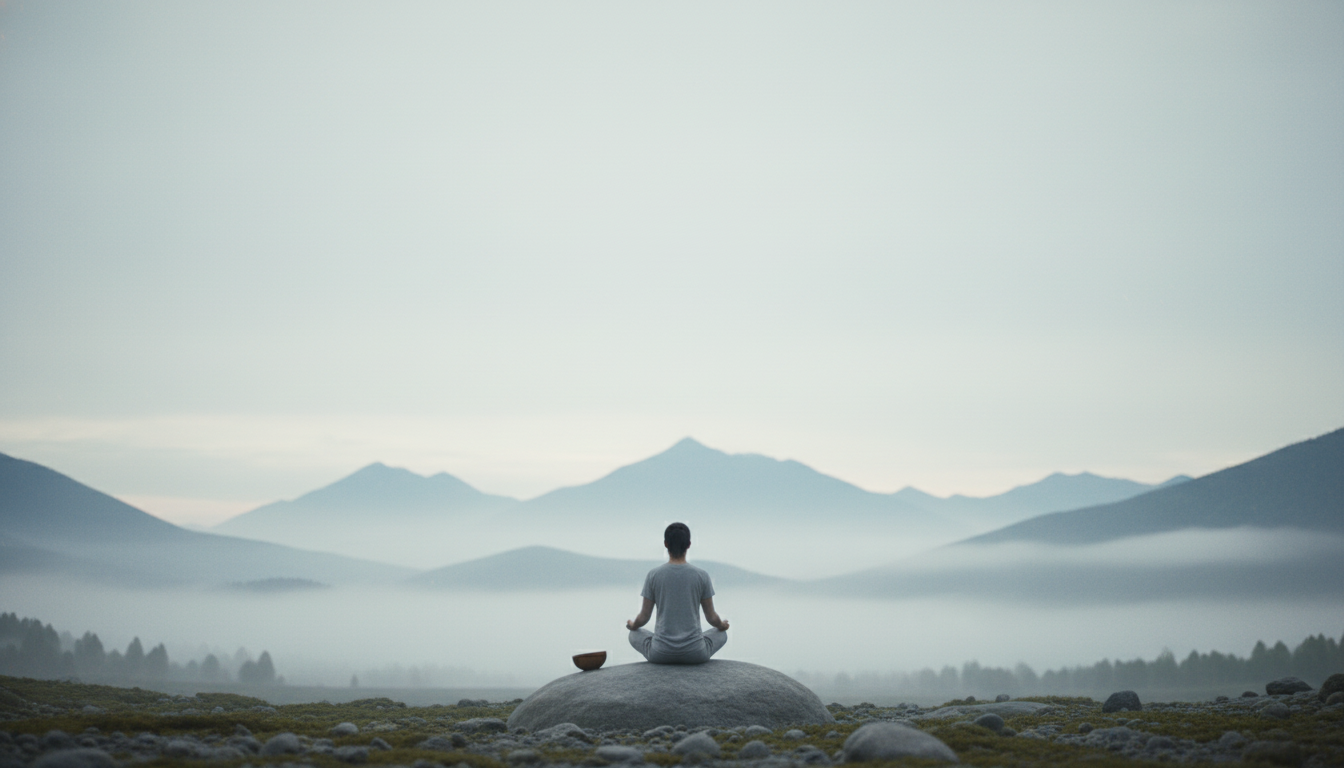 A person meditating on a stone with mountains in the background, representing The Way of the Idle Practitioner.