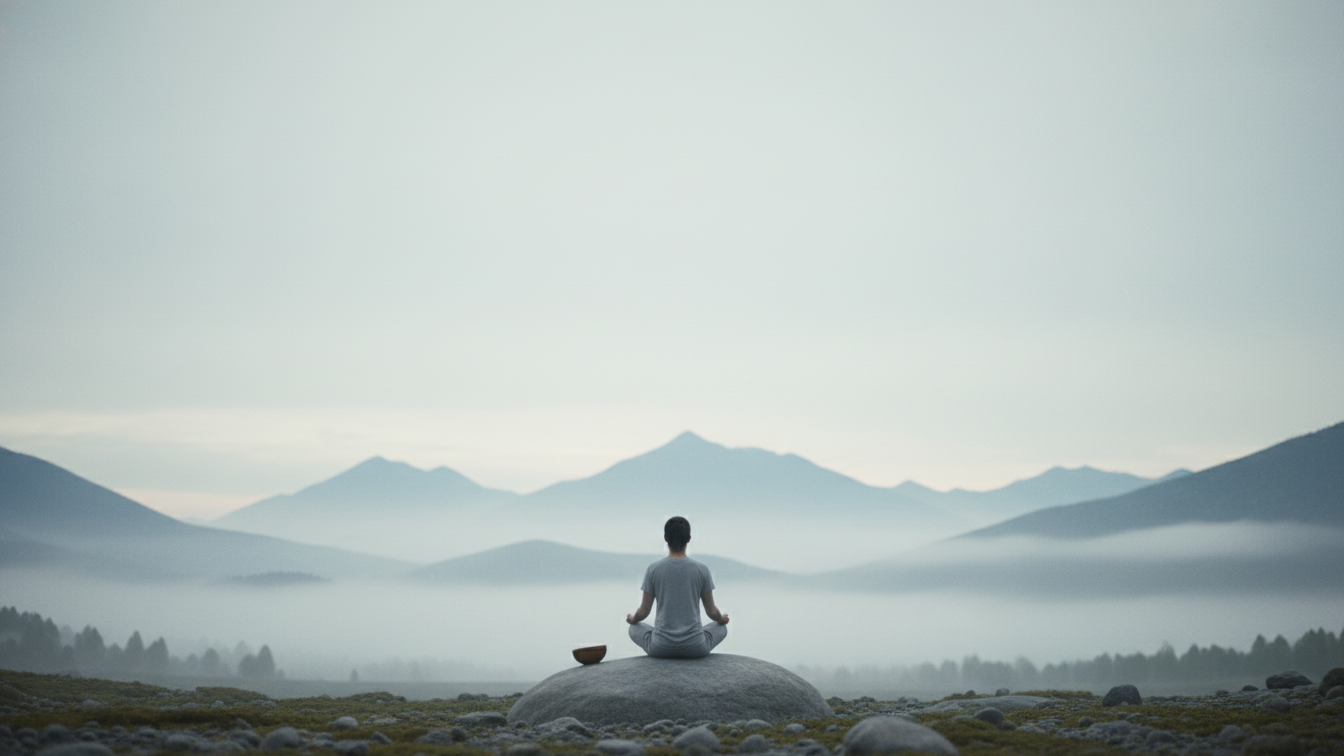 A person meditating on a stone with mountains in the background, representing The Way of the Idle Practitioner.