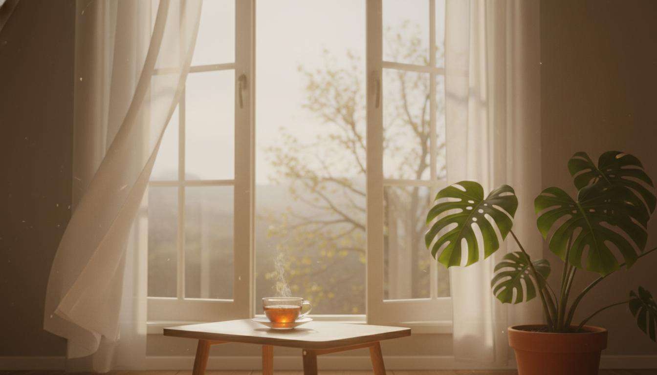 A cozy scene with a steaming cup of tea on a table by the window, illustrating ways on how to raise your vibration.