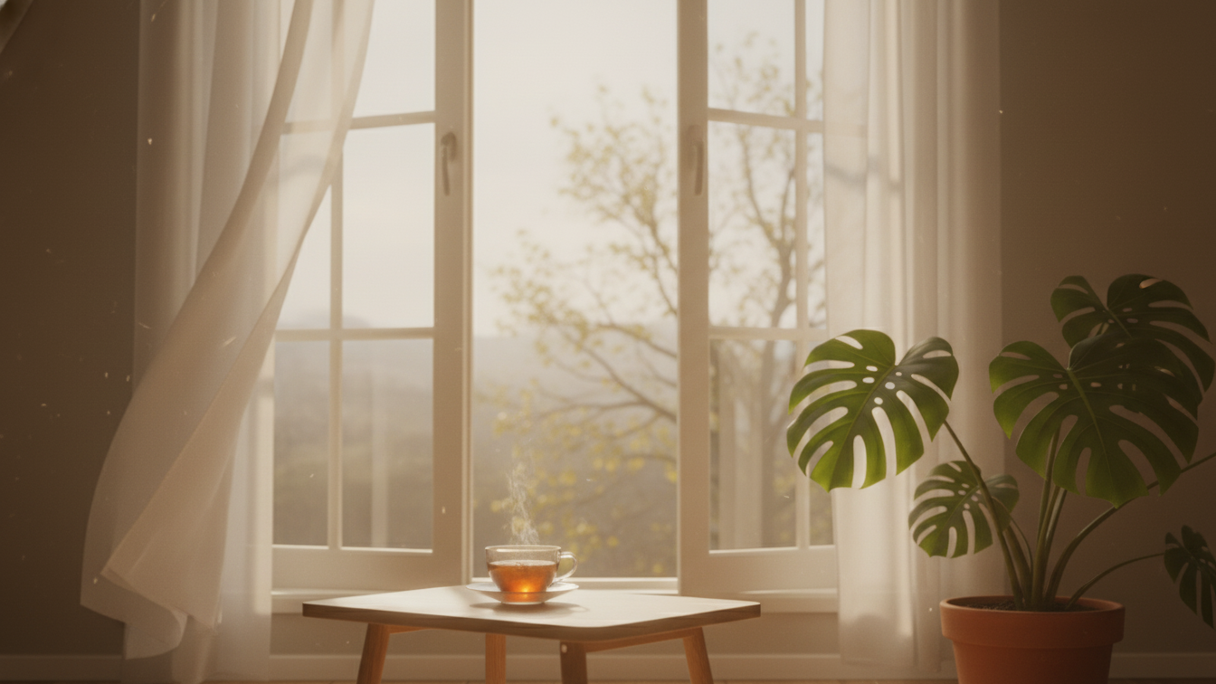 A cozy scene with a steaming cup of tea on a table by the window, illustrating ways on how to raise your vibration.