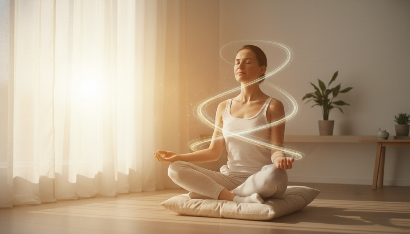A woman meditating in a sunlit room, embodying the concept of Tidy Your Inner World through peaceful zen practices.