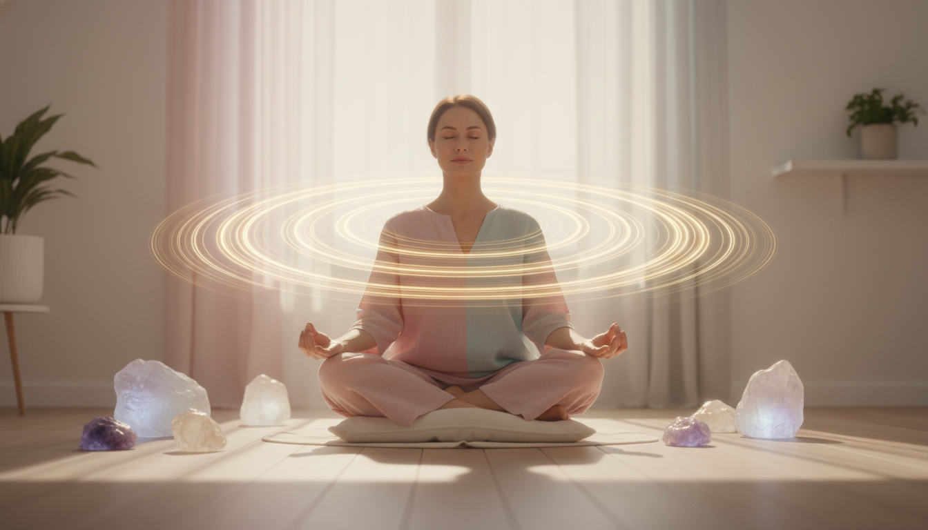 A woman meditating with glowing crystals, embodying the theme of The Echo of Kindness – The Power from Within.