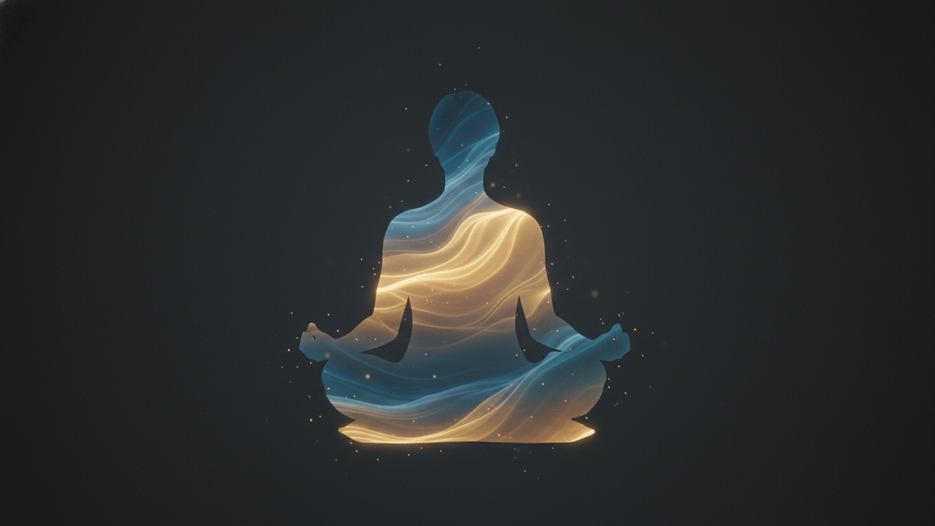 Meditation Course visual representation featuring a meditating figure with flowing colors symbolizing relaxation.