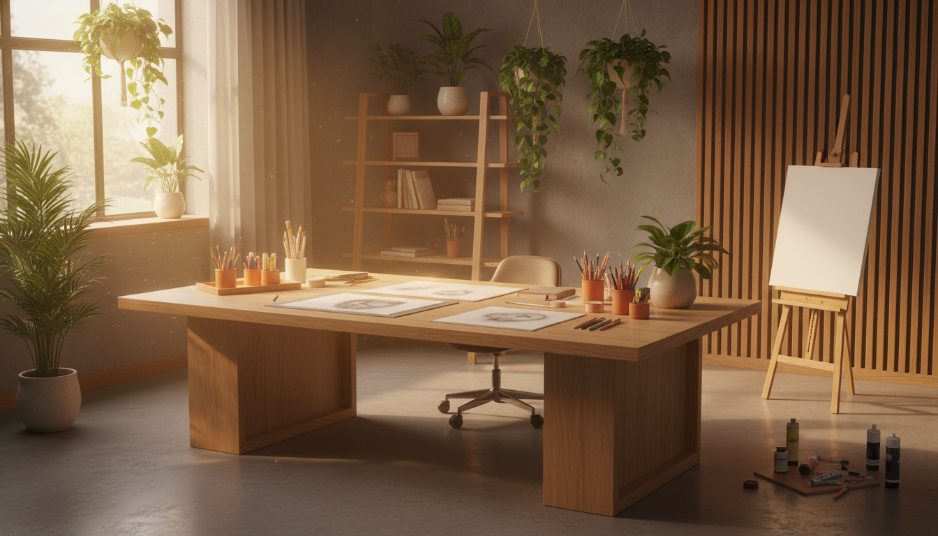 A serene workspace with art supplies and plants, embodying the concept of Bringing Mindfulness into Design.