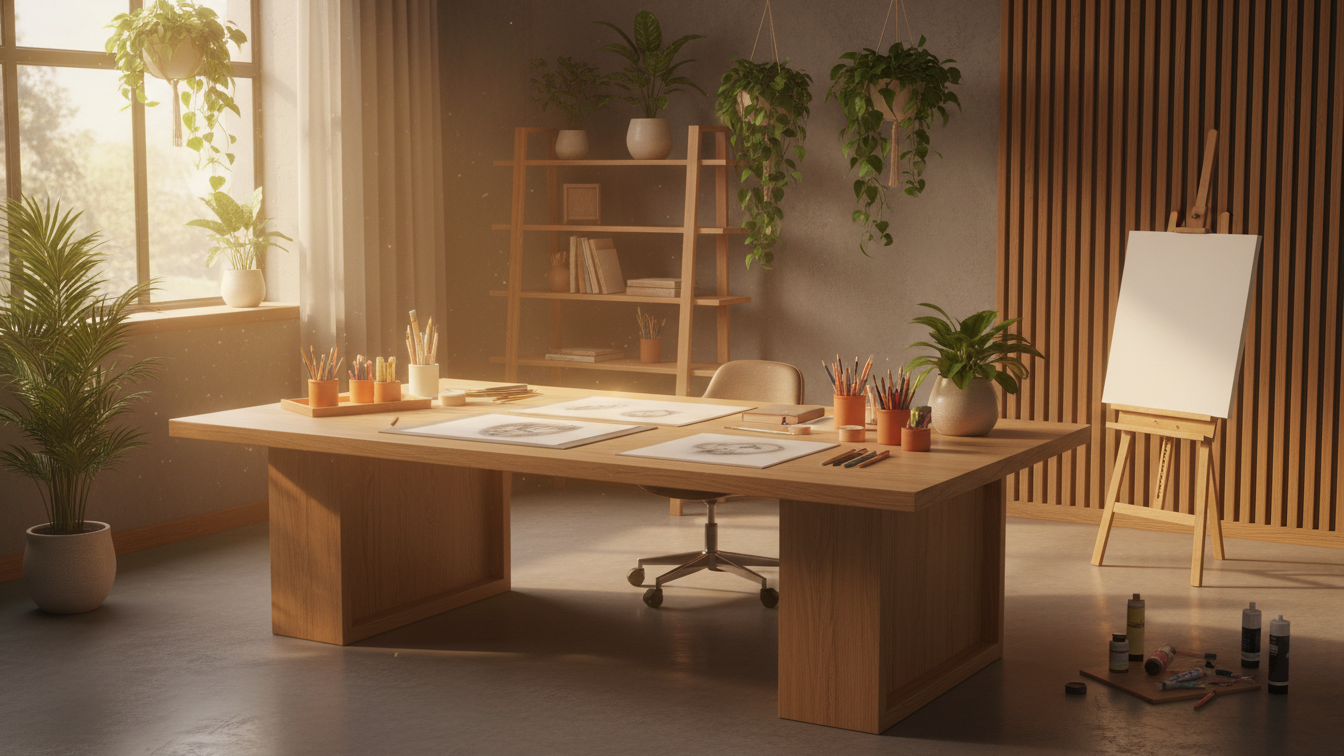 A serene workspace with art supplies and plants, embodying the concept of Bringing Mindfulness into Design.