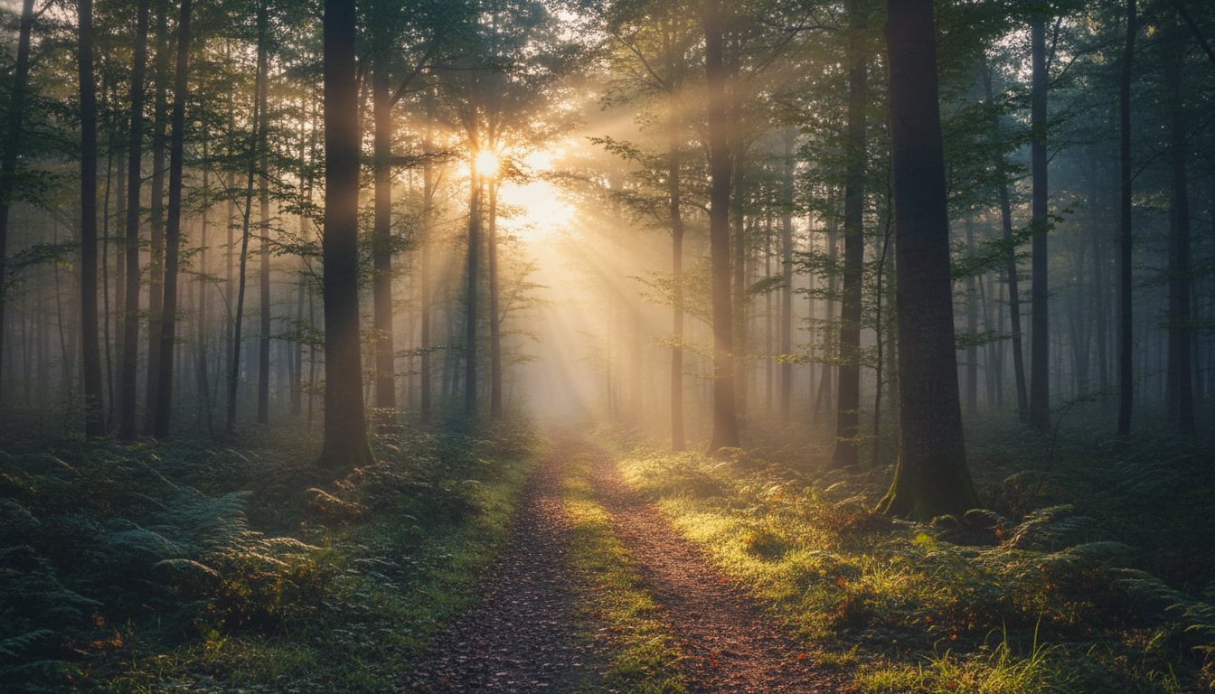 Walking in nature with sunlight streaming through trees in a peaceful forest path.