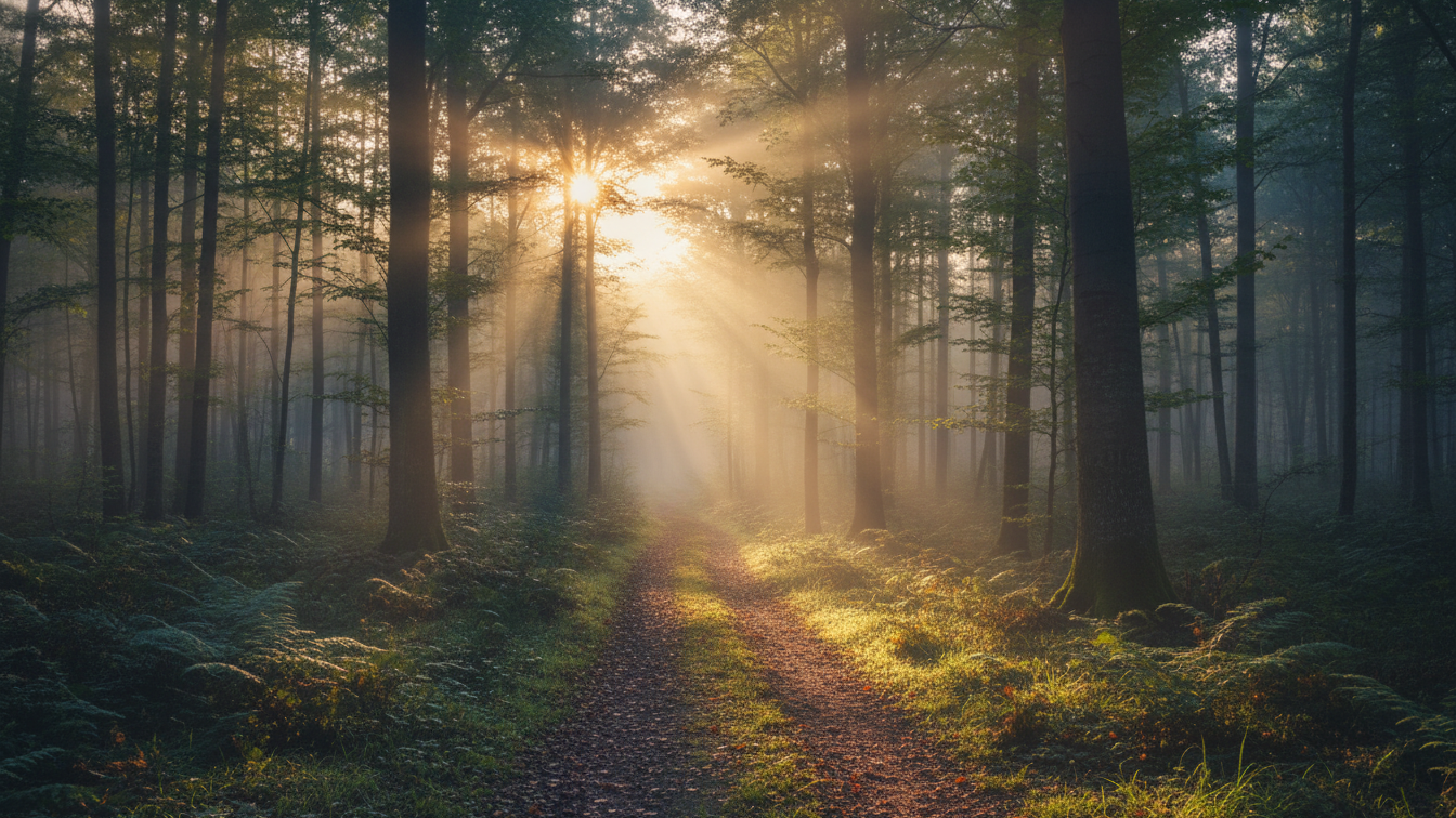 Walking in nature with sunlight streaming through trees in a peaceful forest path.