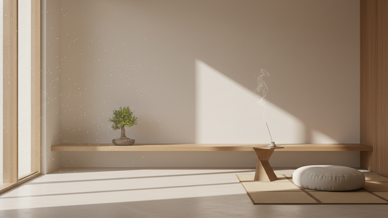 calm meditation space with bonsai tree and incense, showcasing benefits of meditation in a serene atmosphere.