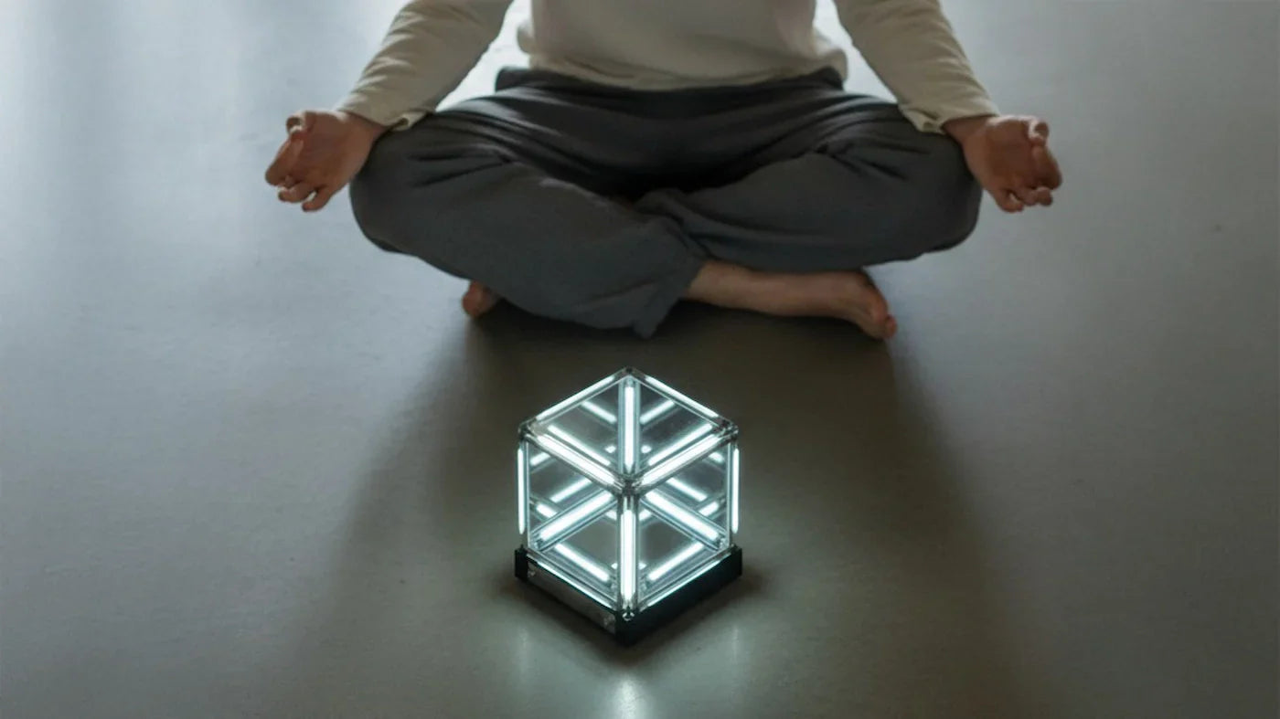 Person meditating with glowing cube, emphasizing mindfulness and exploring Uncovering Your Life’s Purpose in 3 Simple Steps.