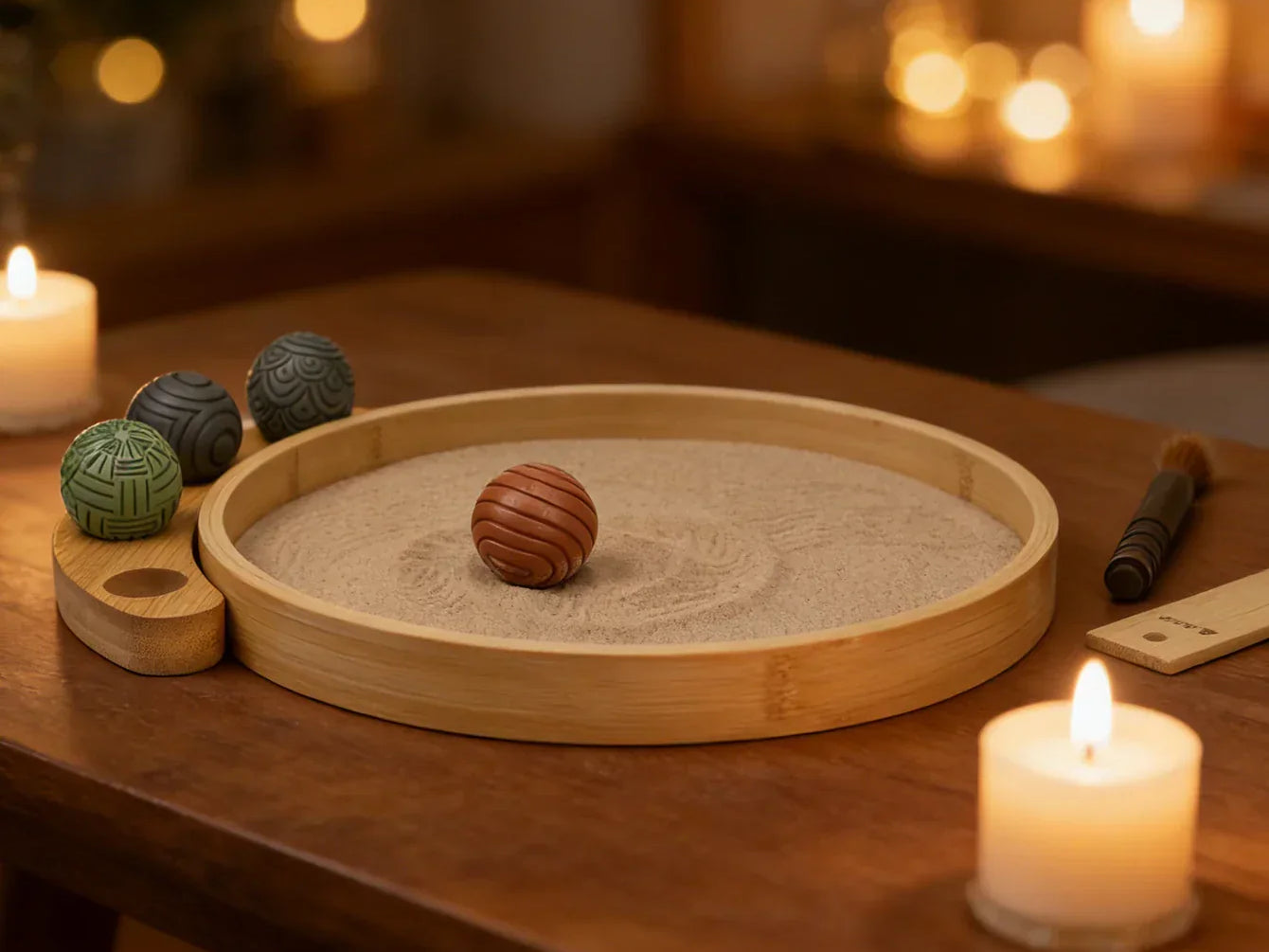 A wooden sand tray with a brown ball and decorative stones, symbolizing physical anchors for meditation.