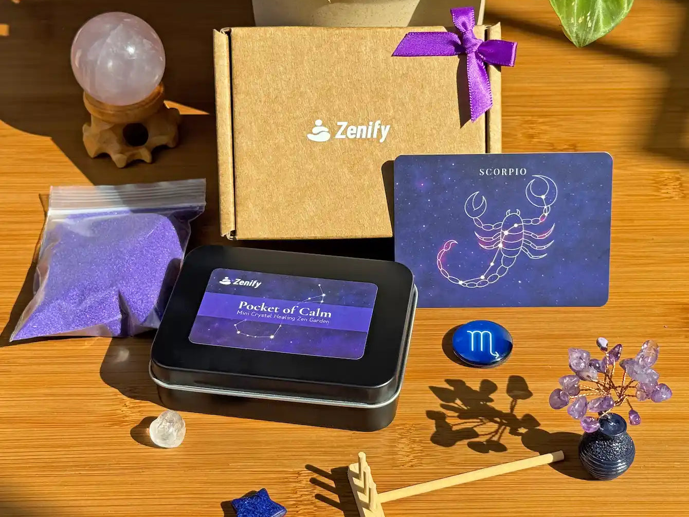 Desktop Zen Garden supplies including a calming packet, decorative items, and a Scorpio card, highlighting 7 Science-Backed Benefits.