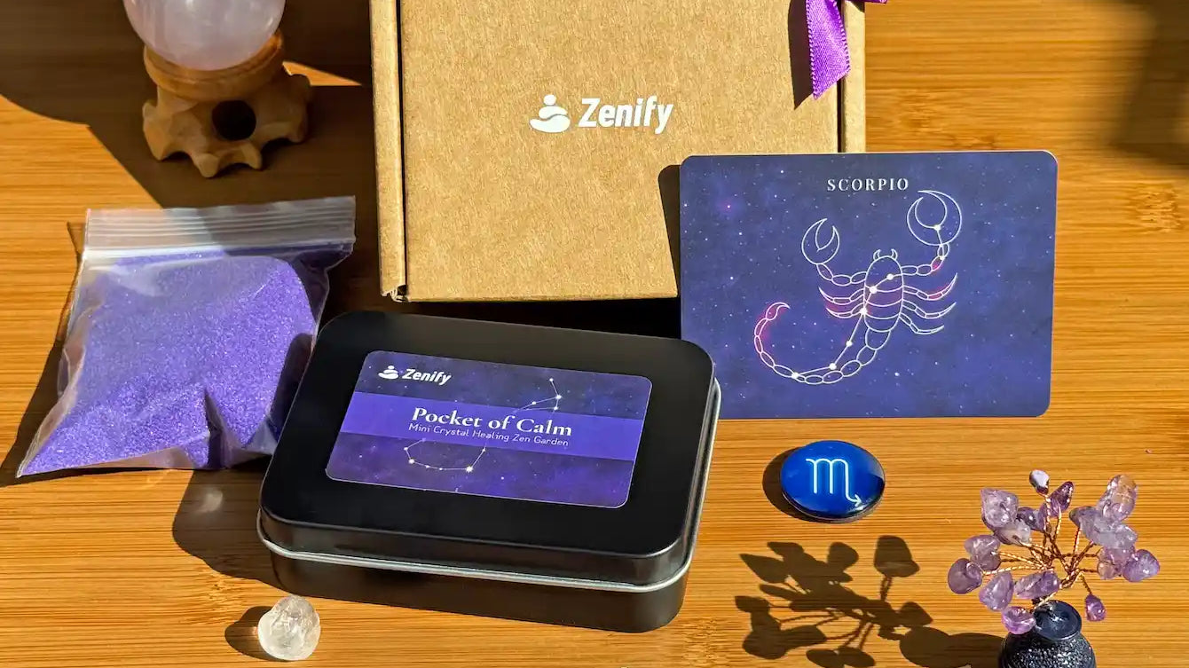 Desktop Zen Garden supplies including a calming packet, decorative items, and a Scorpio card, highlighting 7 Science-Backed Benefits.