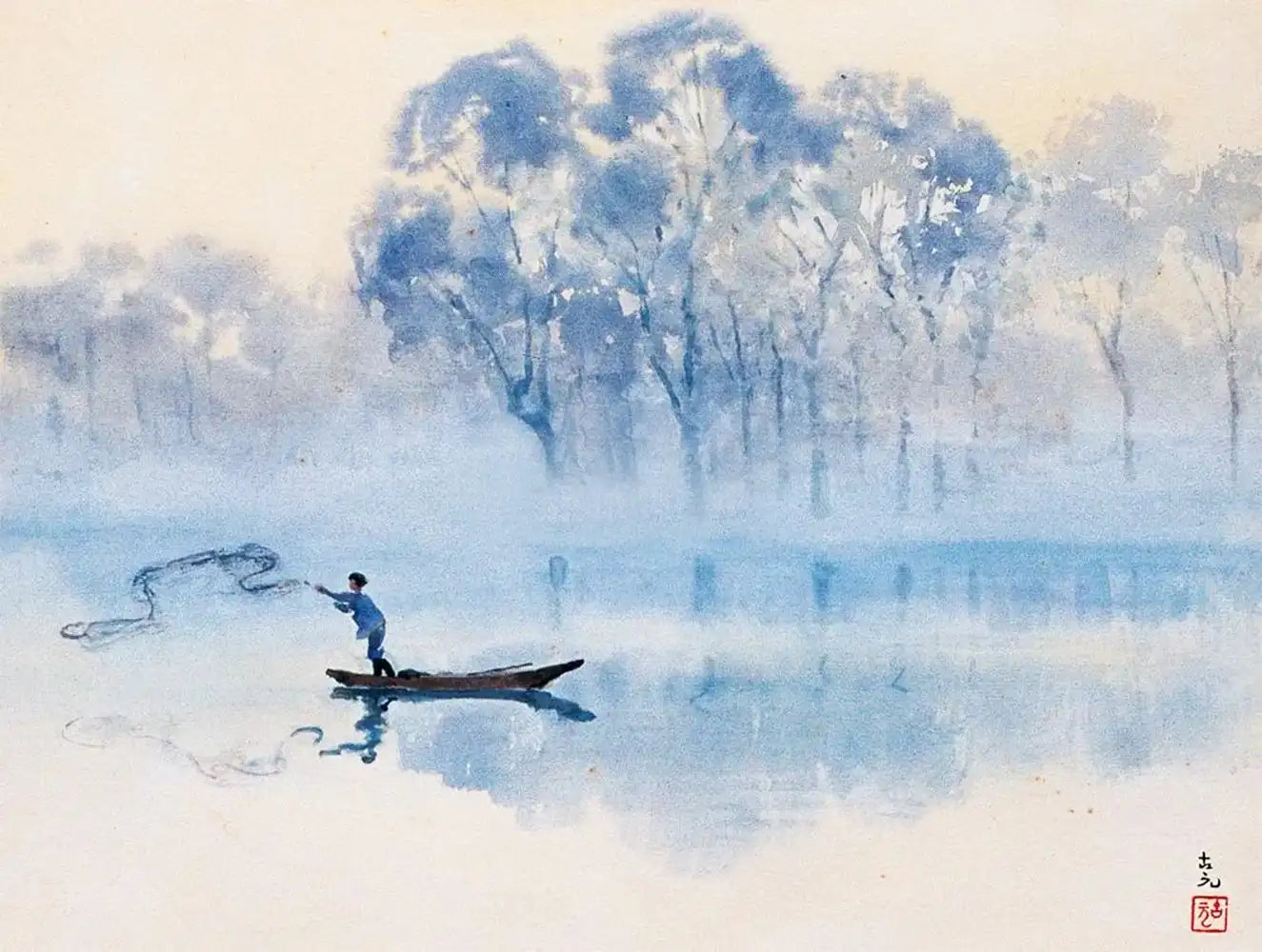 A serene watercolor painting of a lone fisherman casting a net on a misty lake surrounded by trees.
