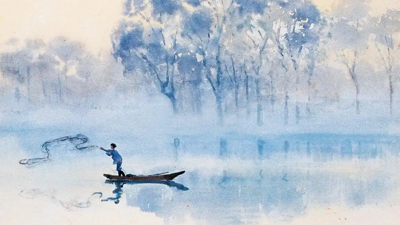 A serene watercolor painting of a lone fisherman casting a net on a misty lake surrounded by trees.