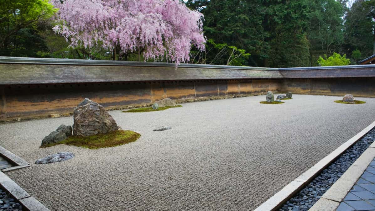 5 Incredible Benefits of Mini Zen Gardens for Stress Relief featuring a serene garden with cherry blossoms and carefully arranged rocks.