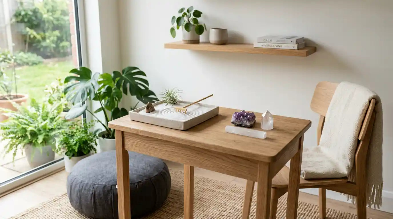 A modern minimalist workspace corner with a small wooden desk, a handmade Zen sand garden with a bamboo rake, and amethyst, clear quartz, and selenite crystals in soft natural window light, styled for a calm professional meditation blog cover.