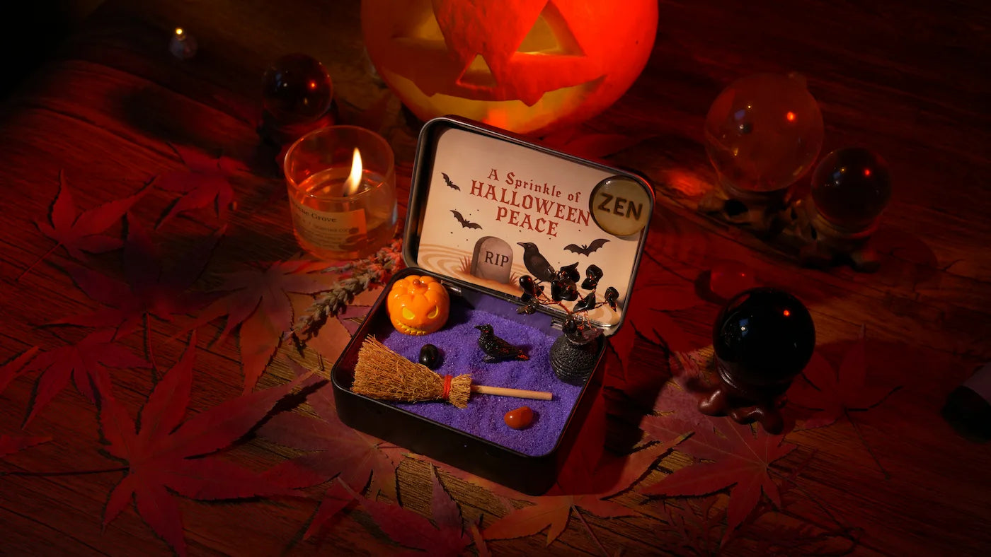 A Small Halloween Zen Garden featuring decorative items and a spooky ambiance for Halloween tranquility.
