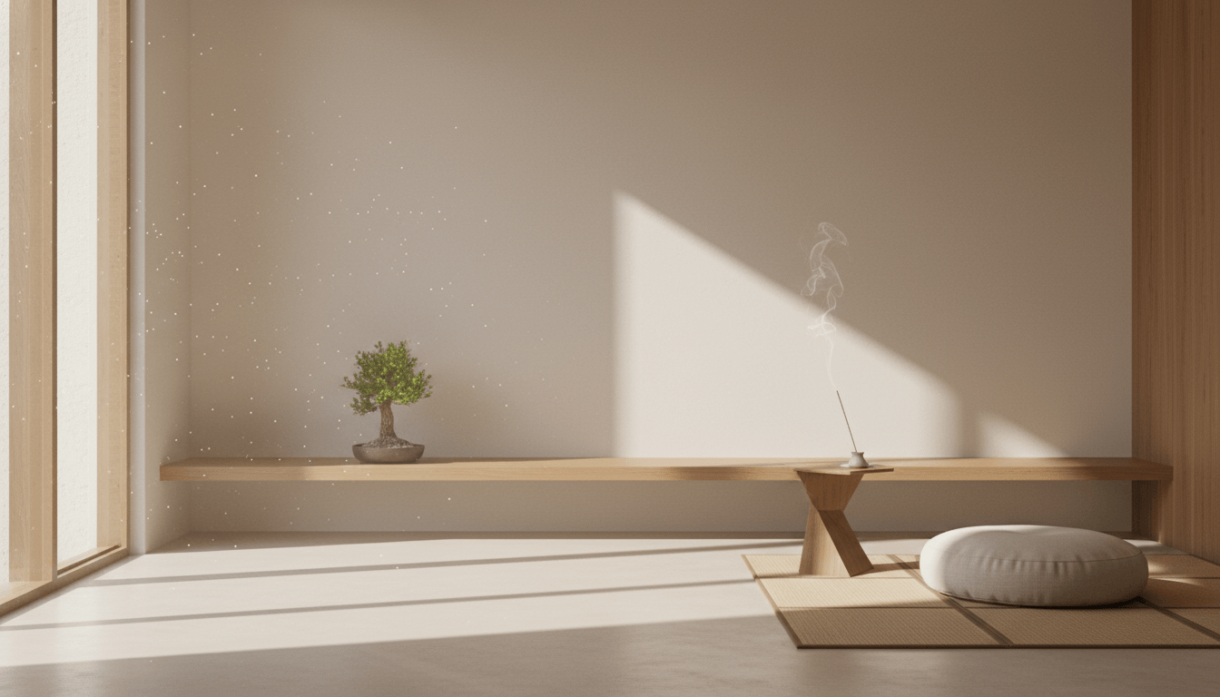 calm meditation space with bonsai tree and incense, showcasing benefits of meditation in a serene atmosphere.