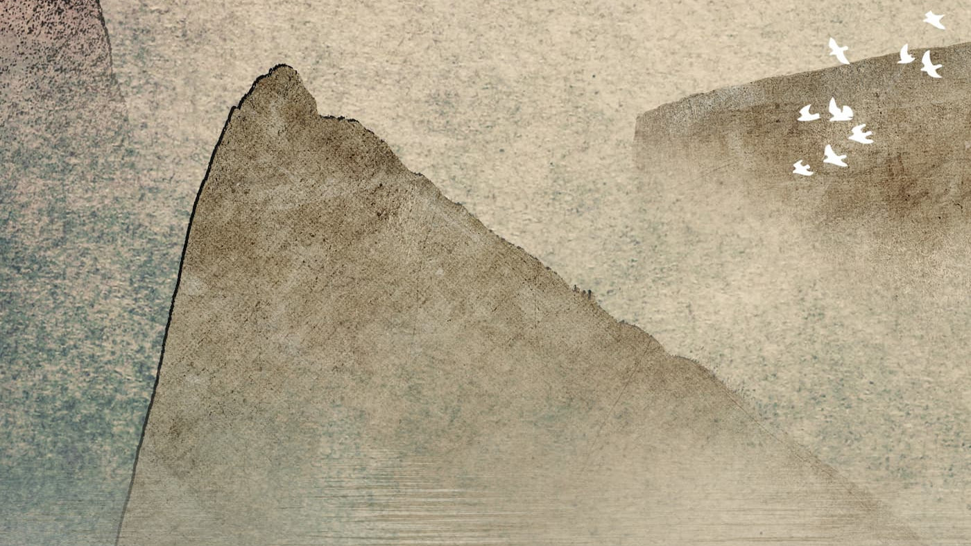 The Importance of Wasting Time; serene landscape with mountains, water reflection, birds, and a setting sun.