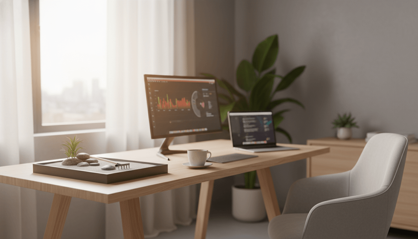 A modern workspace including a computer, laptop, and plant, illustrating The Power of Mindfulness in Business.