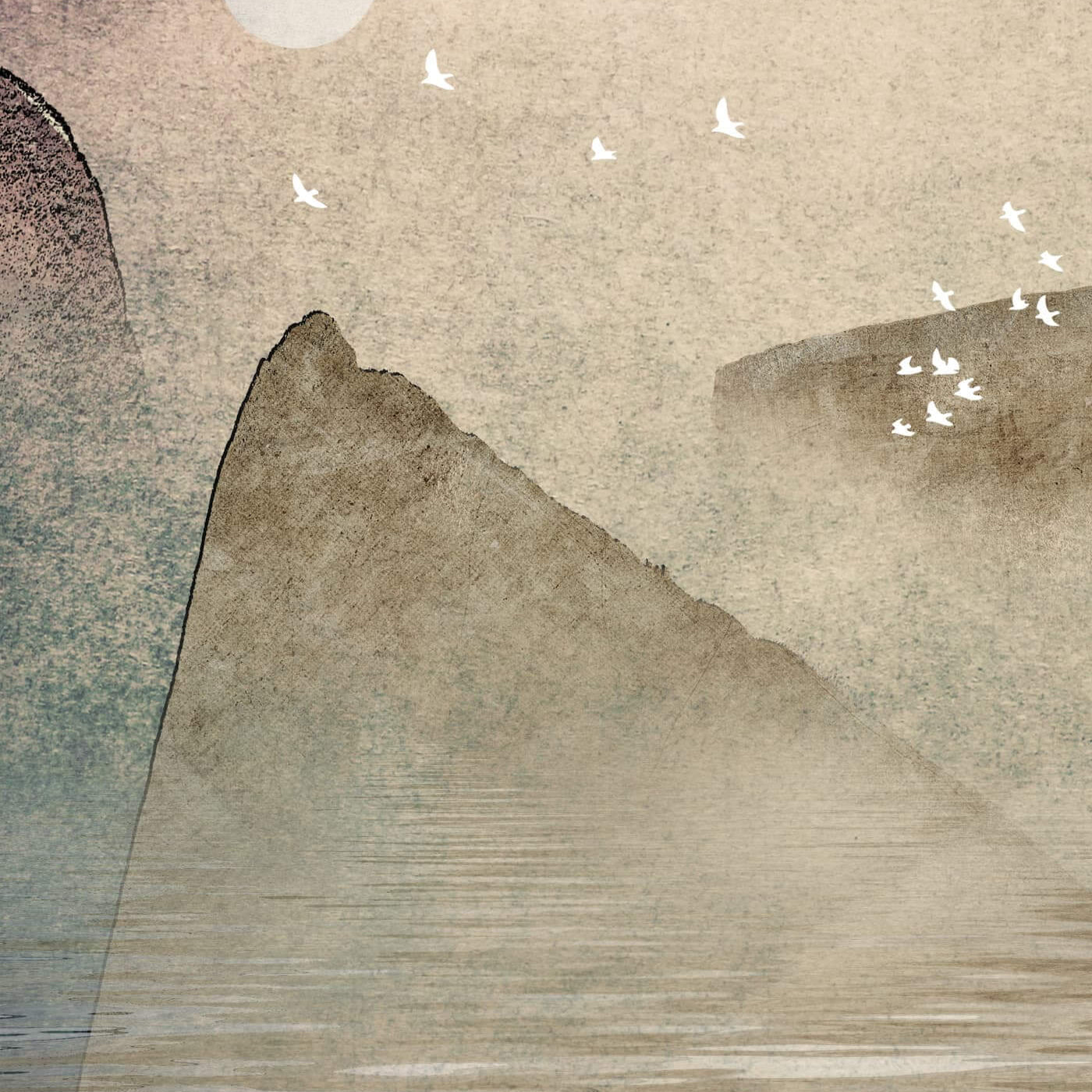 The Importance of Wasting Time; serene landscape with mountains, water reflection, birds, and a setting sun.