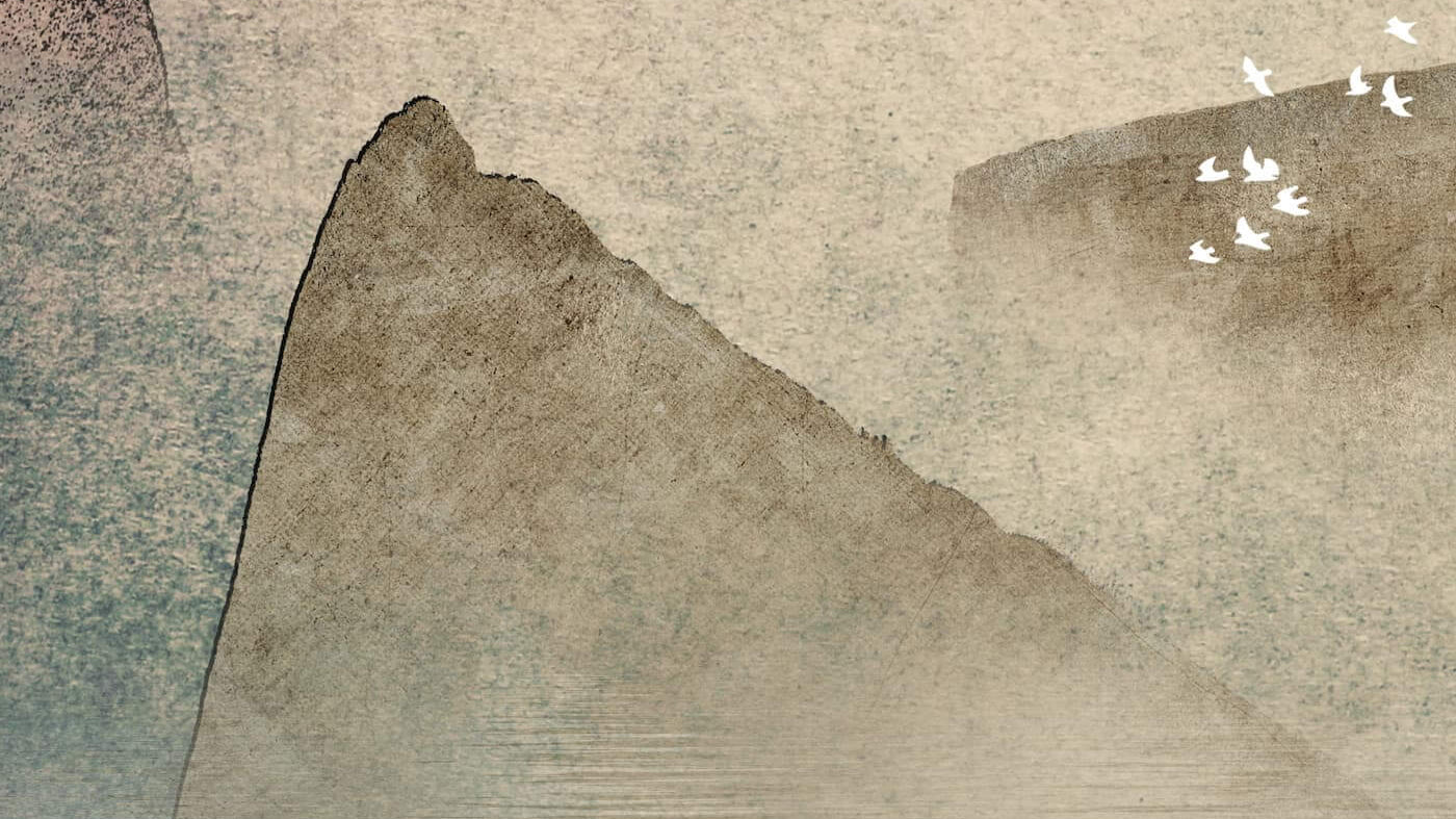 The Importance of Wasting Time; serene landscape with mountains, water reflection, birds, and a setting sun.