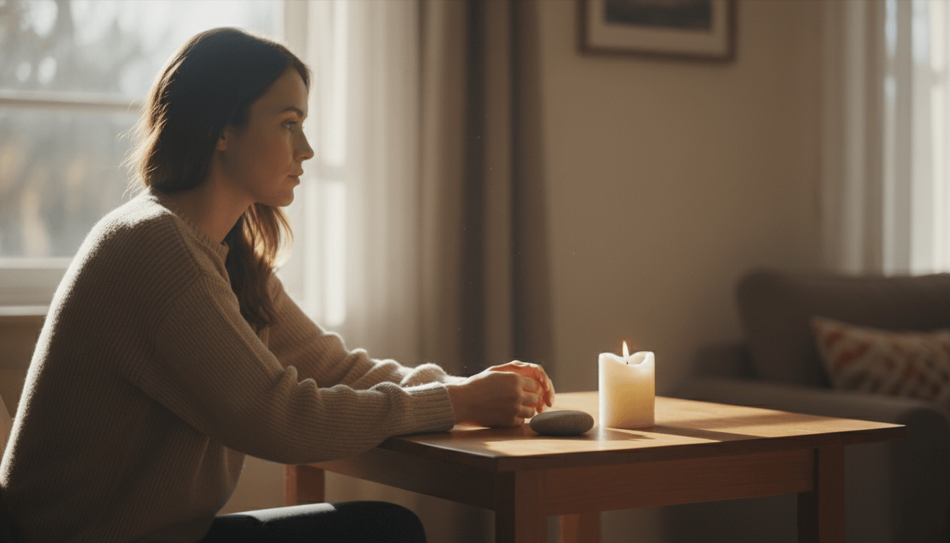 A woman sitting calmly at a desk with a candle, embodying the idea that Your Desk Can Be a Temple.