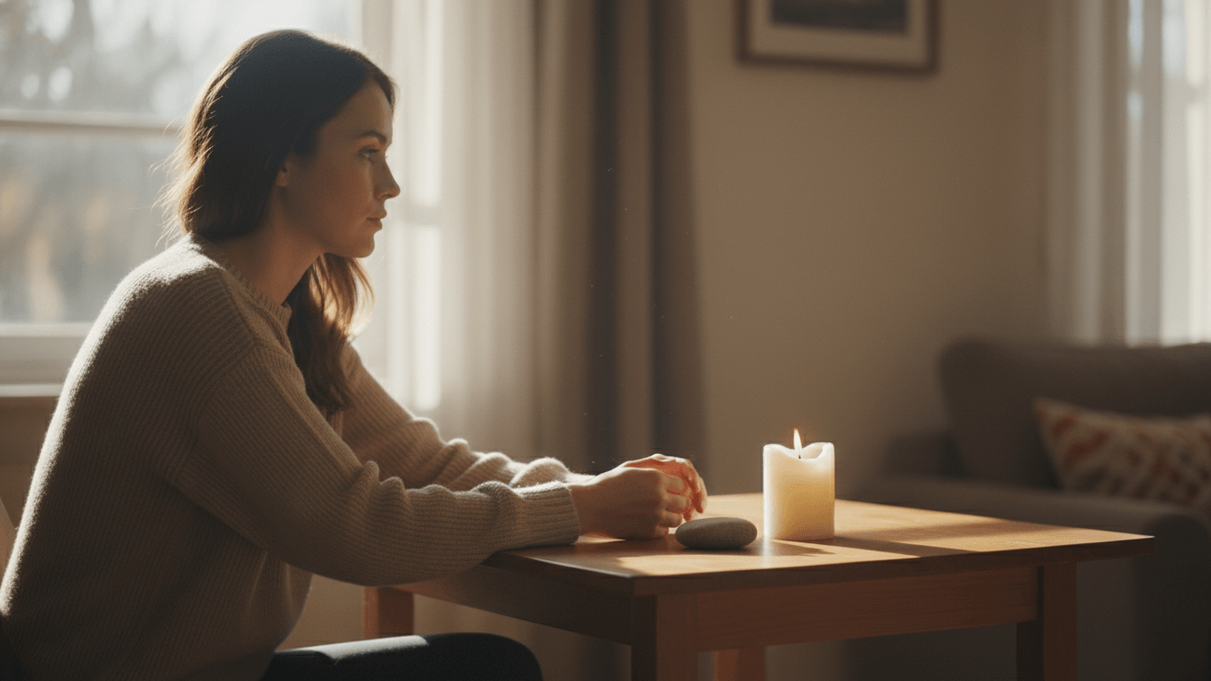 A woman sitting calmly at a desk with a candle, embodying the idea that Your Desk Can Be a Temple.